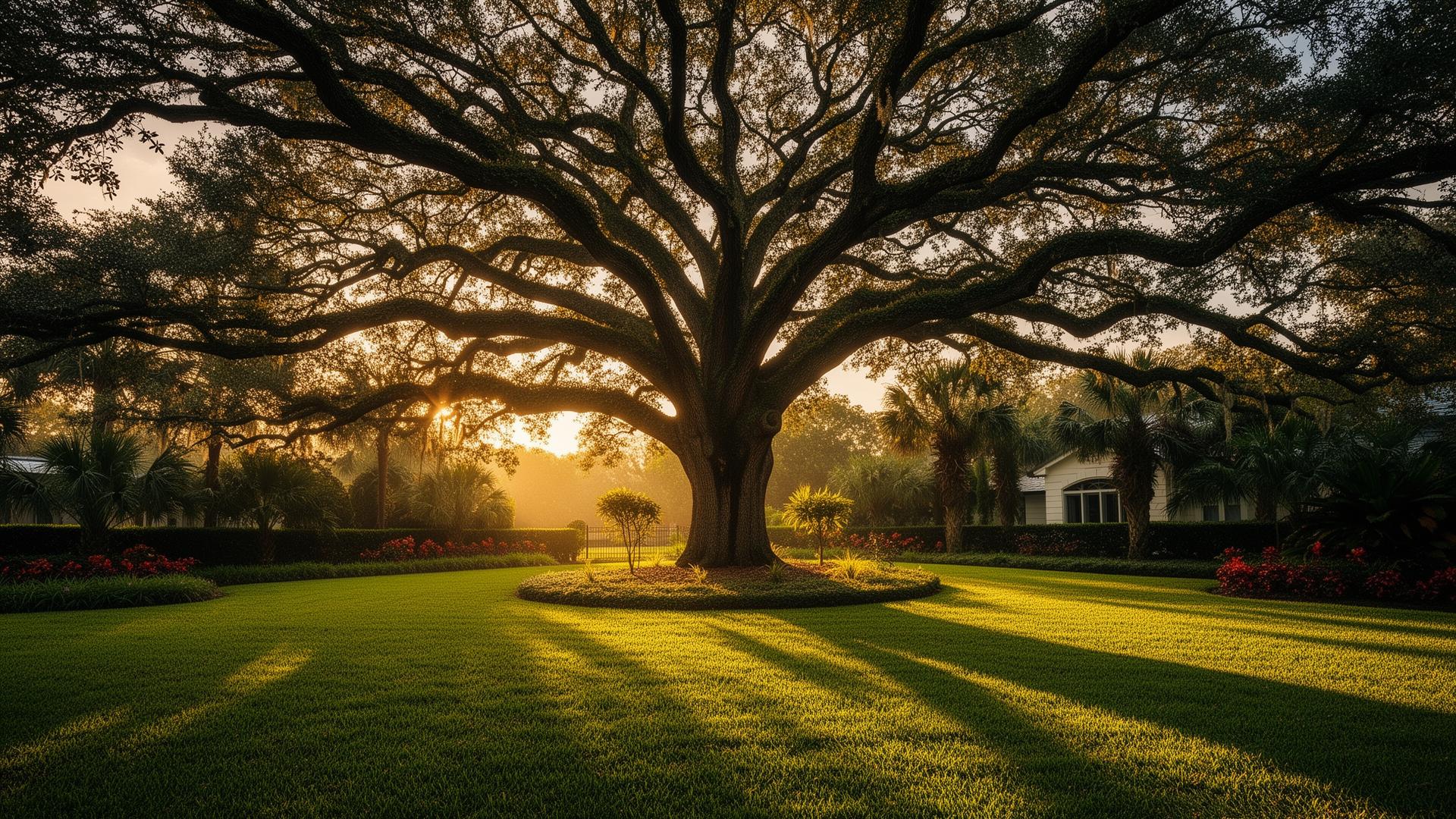 Majestic Florida oak tree at golden hour